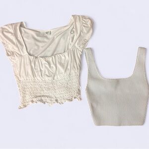 Babaton White Smocked and Ribbed Crop Tops